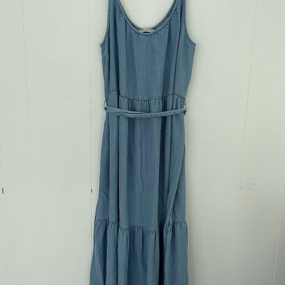 NEW LOFT Linen Lyocell Chambray Tiered Belted Swing Midi Dress Size Medium - Picture 6 of 13